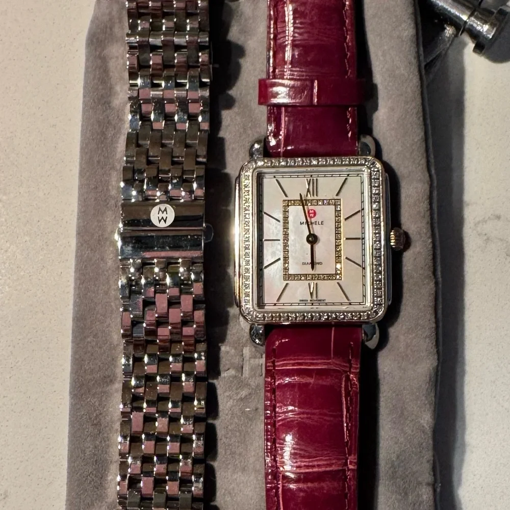 Michele Square Diamond-Accent Watch with Burgundy Leather Strap - Picture 2 of 3